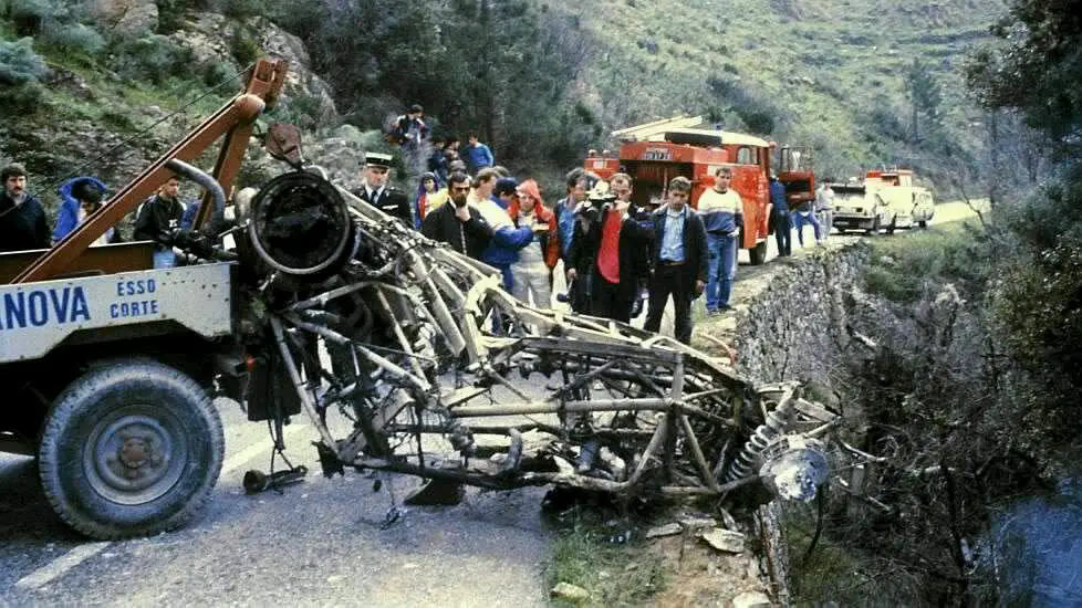 The burnt wreck of Toivonen's Lancia Delta S4